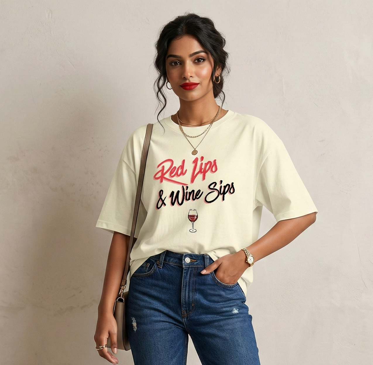 Red Lips & Wine Sips - Unisex Oversized T-shirt - 240 GSM - French Terry Cotton